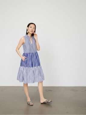 J. Crew Mixed Striped Tiered Popover Dress Style AK264 Size S
